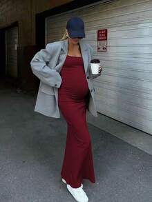 Vestido largo de maternidad cómodo de cuello redondo sin mangas, hecho de tela de alta elasticidad, diseñado especialmente para mujeres embarazadas, vestido de maternidad casual de verano - Rojo - Ver 3