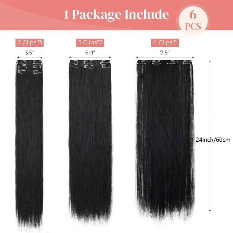 LONAI 6 miếng tóc nối thẳng màu đen và nâu dài 24 inch, kẹp tóc trông tự nhiên, thích hợp sử dụng hàng ngày, trang điểm và dự tiệc. - Nhiều màu - Xem 3
