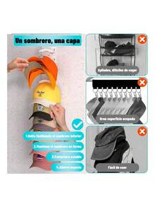 2 piezas Organizador de estante para sombreros montado en la pared - Adhesivo resistente, almacenamiento multicapa para gorras, soporte de exhibición de plástico portátil para puertas de armarios y dormitorios, organizador de perchero para - Negro - Ver 5