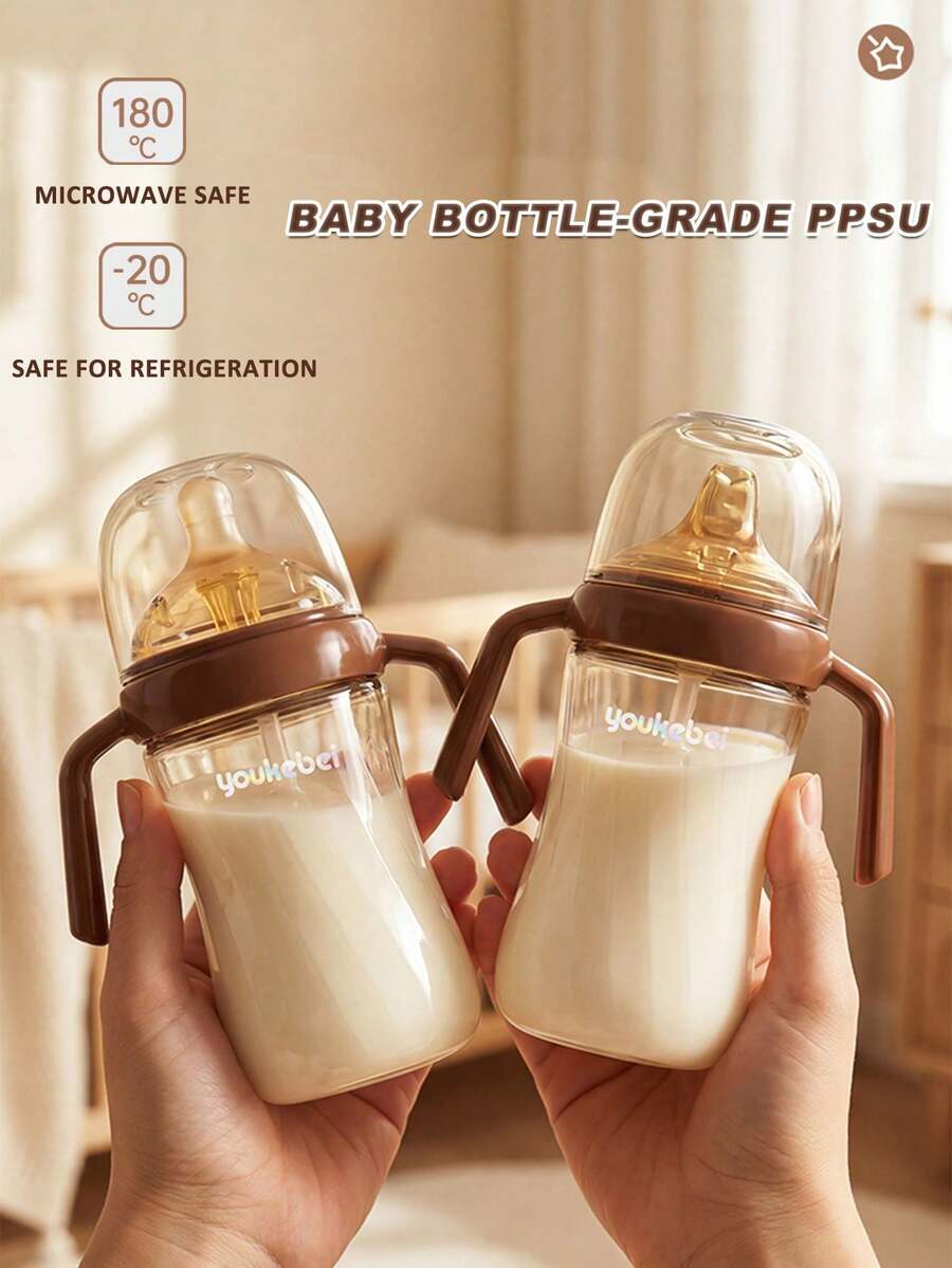 Taza con pajita para bebé de grado de biberón PPSU anti-cólicos - Marcas sensibles a la temperatura, a prueba de salpicaduras y a prueba de fugas, mango ergonómico, taza de entrenamiento con boquilla para +6 meses - Café integral - Ver 1