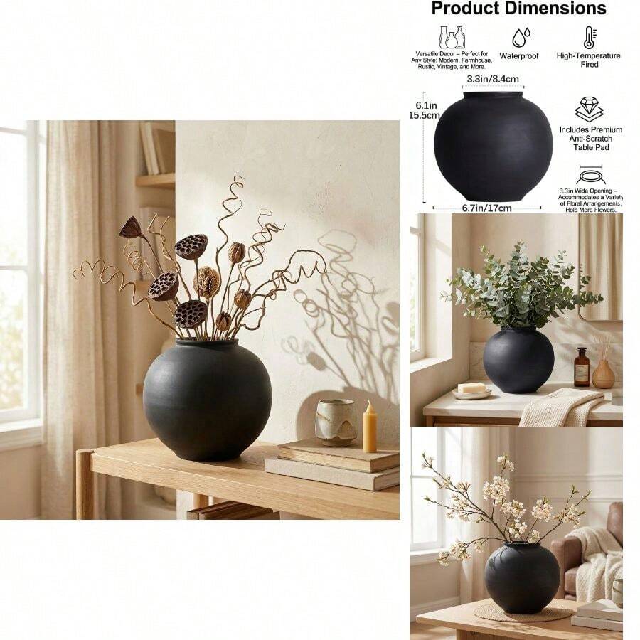 Small Blak Ceramic Vase - 6.1 Inch Small Black Round Vase, Rustic Farmhouse Vase Home Decor, Dining Table, Shelf, Bedroom, Living Room, Kitchen, Office, Bathroom, Mantle, Centerpiece Dcor - 霧面黑 + 6.1 英寸 - 查看 1