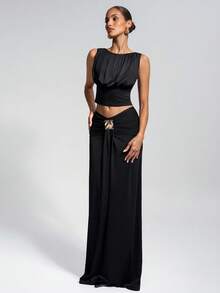 女士黑色优雅船领两件套 - 无袖褶裥上衣，高腰半裙，简约春夏装扮，适合婚礼宾客、海滩度假、浪漫约会、夏季假期、节日庆典及休闲外出等场合。 - 黑色 - 查看 4