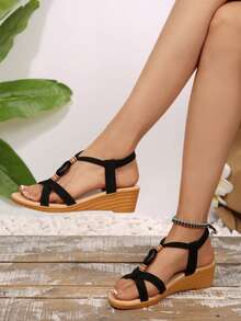 Minimalist Boho Elastic Wedge Sandals ForWomen, Crisscross Strap Open Toe LowWedge Shoes, Comfortable SummerCasual Sandals Perfect For Everyday &Beach Outings - Black - View 4