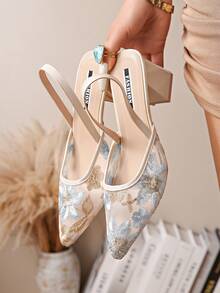 New Chinese Style White High Heel Mules, Pointed Toe Lace Embroidery Convertible Sandals For Women, Summer Shoes, Mothers Day Gift - Blue - View 5