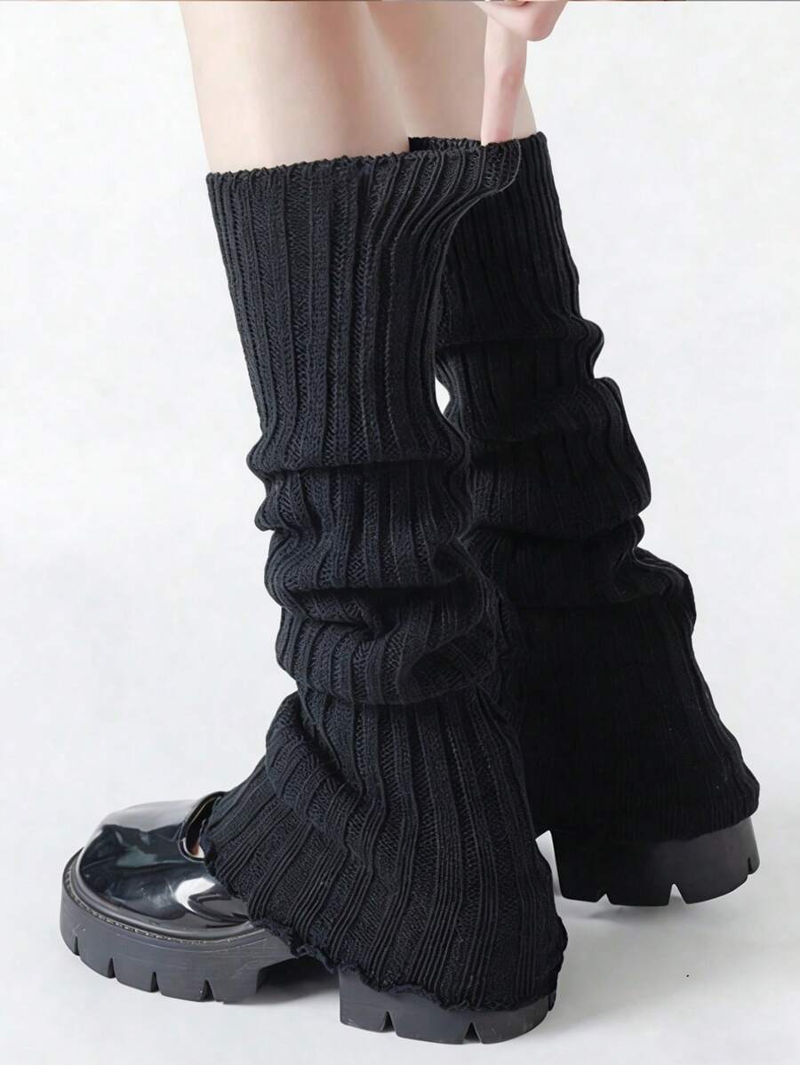 1 Đôi tất ống chân nữ mùa xuân/hè màu đen xếp nếp dáng rộng, tất ống chân dệt kim dài đến giữa bắp chân kiểu JK, ống tay áo gân thoải mái - Phong cách Y2K ngọt ngào & cay nồng, chất liệu cotton pha mềm mại, có sẵn màu đen/trắng