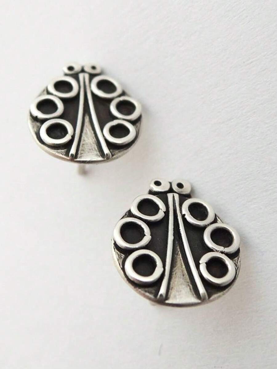 1 Pair Fashionable & Creative Round Stud Earrings With Unique Insect Pattern, Suitable For Daily Wear And Vacation, A Perfect Surprise Gift For Her - Antique Silver - View 1
