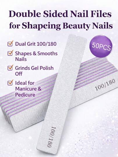 50pcs/25pcs/5pcs/1pc Professional Nail Files, 100/180 Grit Double-Sided Reusable, Violet Striped Sandpaper Design, Suitable For Acrylic Nails - Ideal For Home And Salon Use, Professional Manicure Product