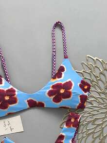 Bộ bikini hai mảnh Lucky Girl dành cho nữ, có thể đảo mặt, họa tiết kẻ caro và hoa, kiểu buộc dây phía sau, thích hợp cho kỳ nghỉ biển. - màu xanh da trời - Xem 4