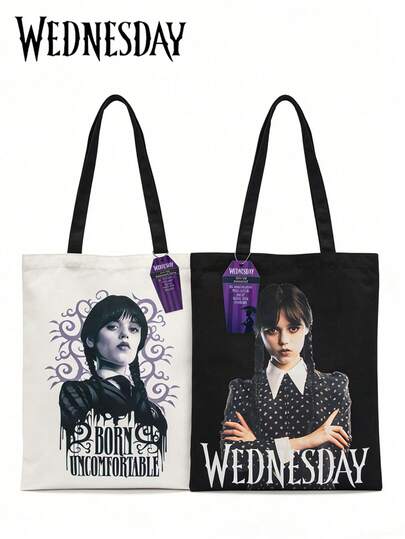 MGM 1PC Wednesday Officially Licensed Canvas Tote Bag Featuring 2 Styles Character Portrait And Born Uncomfortable Designs Reusable Shoulder Bag For Daily Shopping And Travel Ideal Gifts For Fans