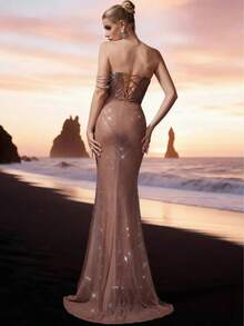 QOQ Vestido formal de mujer con brillantes de rhinestone, sin mangas y ajustado, adecuado para fiestas, bailes de graduación, bodas y galas - Champán - Ver 3
