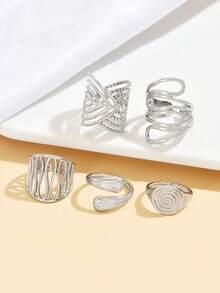5pcs/Set Elegant Wide-Band Multi-Element Stainless Steel Rings, Versatile Hollow Geometric Asymmetrical Line Open Rings, 18K Gold Vacuum Plated, Waterproof, Fade-Resistant, Women Vacation Gift - Geometry - View 8