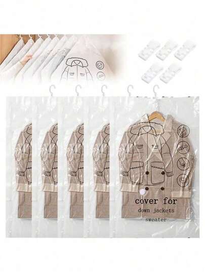 Bộ 5 túi đựng đồ treo hút chân không, chống bụi và chống ẩm, tiết kiệm không gian tủ quần áo, phân loại quần áo, giúp quần áo luôn dễ nhìn, không bị nhăn, chịu lực tốt, dung tích lớn, túi đựng đồ treo, túi chống thấm nước phù hợp để cất giữ quần áo trong tủ quần áo gia đình, phòng thay đồ, đồ đạc khi chuyển nhà, khi đi công tác, đựng vest, váy, áo khoác và các loại quần áo khác. Phụ kiện nhà cửa, đồ dùng cần thiết khi đi du lịch.