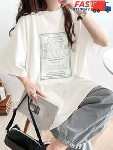 Retro-Style English Letter Print Off-White Short-Sleeved T-Shirt, 100% Cotton, Women's, Loose Fit, Stylish, Domestic Shipping, 200g Pure Cotton T-Shirt, Y2K Top, Summer Clothing. - trắng - Xem 4