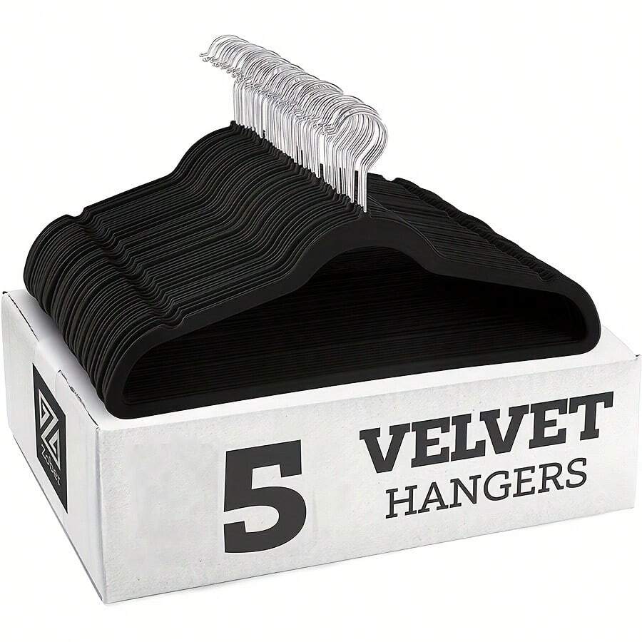 5个装植绒防滑衣架 | 无缝节省空间衣柜收纳衣架，成人植绒衣架，带360°旋转挂钩 - 卧室节省空间衣架，衣物衣架，外套衣架，防滑衣架，成人外套衣架，植绒衣架 - 彩色 - 查看 1