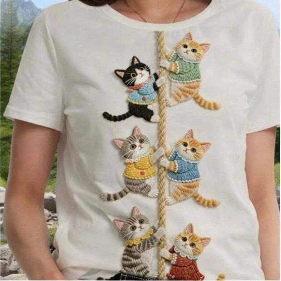 Women's Short-Sleeved T-Shirt With A Cute Kitten Climbing A Rope Print - Plain, Standard Size, Machine Washable, Ideal For Casual Wear In Spring, Summer, And Autumn. - 白色 - 查看 1