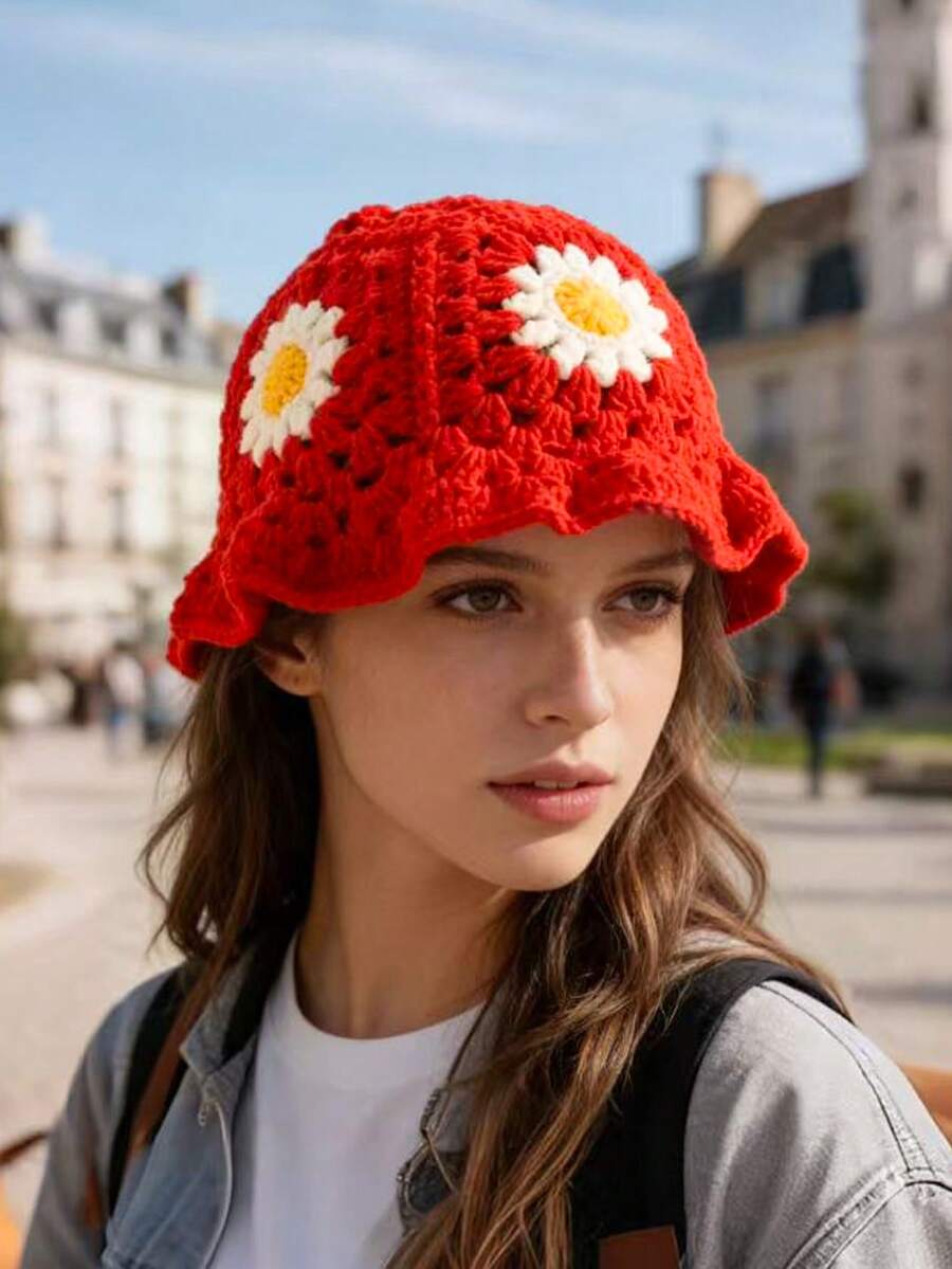 1pc Y2K Style Handmade Floral Crochet Fisherman Hat For Women, Colorful Hollow Knitted Fisherman Hat Suitable For Casual, Vacation, Boho Street Style (Random Patchwork) - Pure Color Streaky - View 1