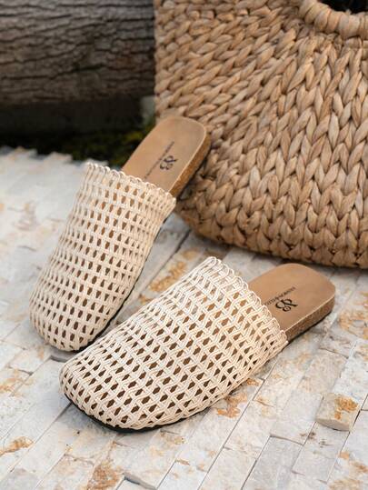 Women's Beige Woven Hollow Fishnet Thick-Sole Slide Sandals, Comfortable Soft Cork Bottom, Fashionable For Casual Wear, Beach Vacation, City Commute, Dating, Daily Wear, Summer All Occasions