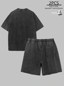 2PCS Set Men's Vintage Marlin & U Logo Huk Print 100% Cotton Washed Black Short Sleeve T-Shirt And Drawstring Shorts,Suitable For Summer Wear, Outdoor Fishing, Casual Shorts T-Shirt Shorts Set - 黑色 - 查看 2