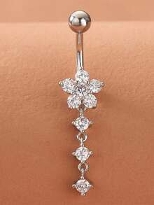 1 chiếc khuyên rốn bằng thép không gỉ hình hoa mai đính đá Zirconia, kiểu dáng gợi cảm, thích hợp đeo hàng ngày. - Bạc - Xem 2