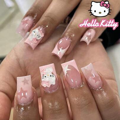  Bộ 24 móng giả ngắn, hình chữ nhật: Kiểu móng tay Pháp màu hồng Hello Kitty với đầu móng hình ngôi sao Sanrio. Bộ móng giả acrylic dễ thương (bao gồm keo dán và dũa móng miễn phí), hoàn hảo cho các buổi hẹn hò và tiệc tùng hàng ngày của phái nữ.