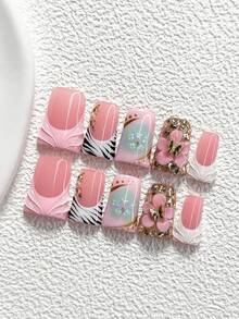 10Pcs Sweet And Edgy Style Handmade Nail Art Set,Unghie Press On,Butterflies, Sparkling Diamonds,Flower,Pink, Black And Mint Green Nail Polish,Includes Nail Tools,3 Sizes Available,Almond Nails , Duck Nails,Coffin Nails For Party, Dance, Daily Wear. - 彩色 - 查看 18