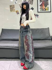 1pc Women's Loose Fit Embroidered Wide Leg Jeans, Comfortable Casual High Street Versatile Denim Pants (Belt/Accessories Not Included) - Bronze - View 4