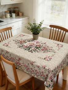 Vintage Pink Rose Floral Tablecloth, Waterproof Oil-Proof Rectangular/Round Table Cover For Dining Room, Kitchen, Party Decor - A - View 3