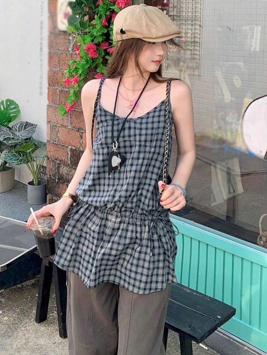 时尚吊带背心，夏季新款优雅无袖背心（随机格纹）休闲款 - 藏青色 - 查看 1