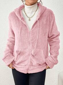 Imported Women's Long-Sleeved Teddy Coat With Zipper And Thick Hood. - Pink - View 2
