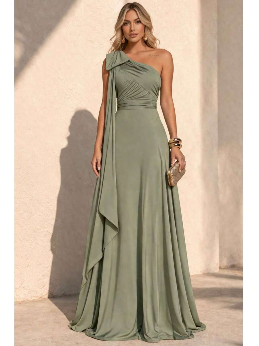 Bridesmaid Dress For Party Guests Reception Graduation Without Shine Cape Sleeve In Fluity - 橄欖 - 查看 1