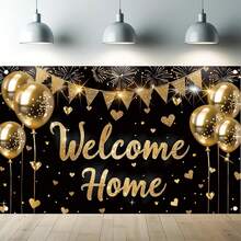 Welcome Home - Telón de fondo de 71 x 43 pulgadas, color negro y dorado, con globos de corazón, para decoración de fiesta, decoración de pared para interiores y exteriores, reunión familiar - 1 - Ver 1