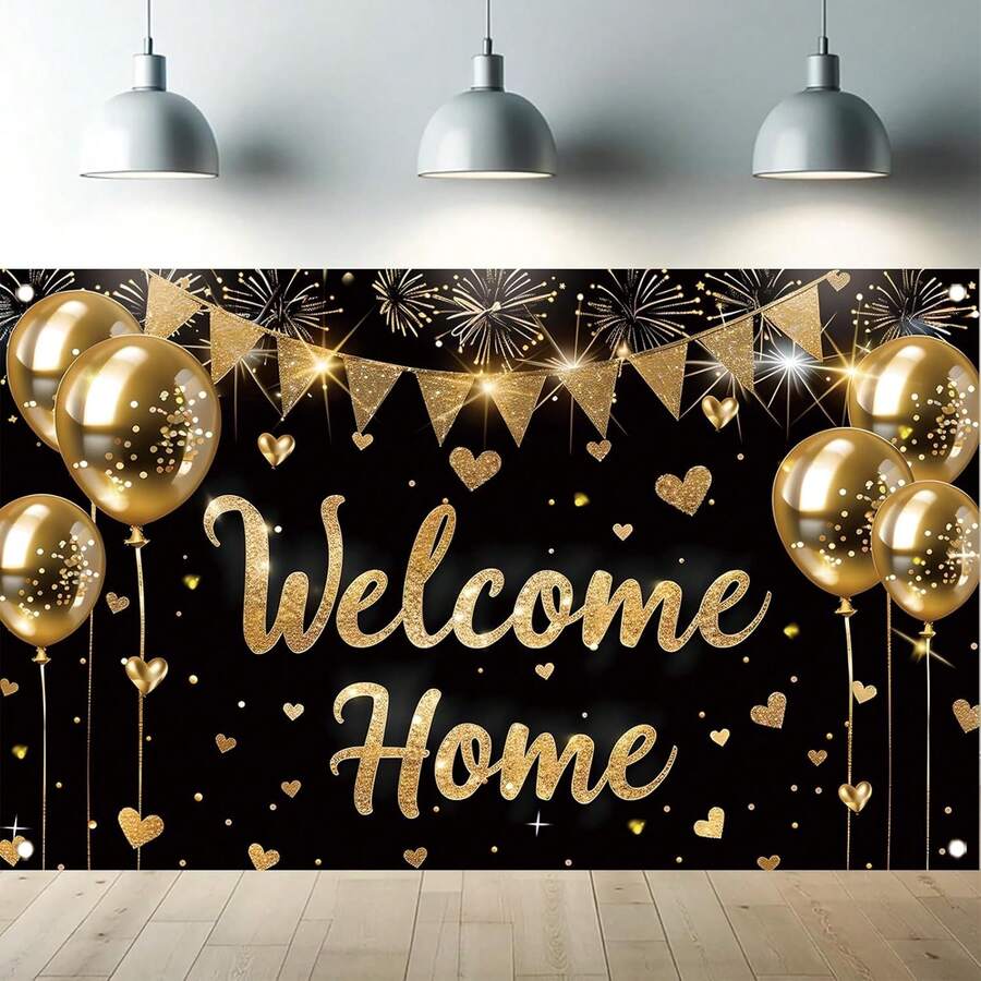 Welcome Home - Telón de fondo de 71 x 43 pulgadas, color negro y dorado, con globos de corazón, para decoración de fiesta, decoración de pared para interiores y exteriores, reunión familiar - 1 - Ver 1