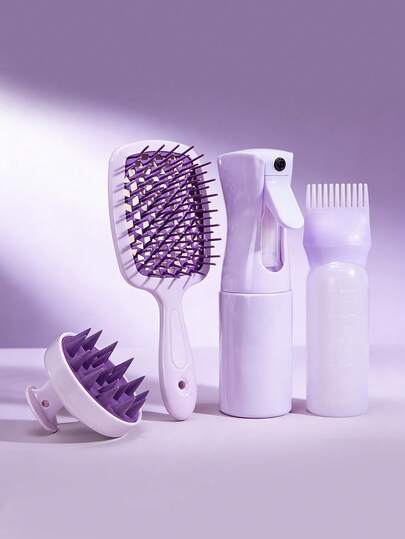 2 pièces Set d'outils de soins capillaires unisexe lavande pastel, comprenant 1 pièce brosse à cheveux démêlante à ventilation avec des poils de massage du cuir chevelu et 1 pièce bouteille applicatrice de teinture à cheveux avec buse peigne, pour un démêlage en douceur, un massage du cuir chevelu et une application précise des racines, style pastel minimaliste, parfait pour les soins capillaires quotidiens, le salon, la coloration des cheveux, les voyages, la rentrée scolaire, la fête des mères, les anniversaires et toutes les saisons, les festivals, les fêtes