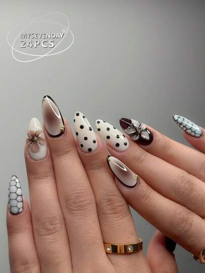 24 Móng Tay Giả Kiểu Hạnh Nhân/Kiểu Pháp Cổ Điển, Móng Tay Giả Kiểu Hạnh Nhân, Phong Cách Hot Girl Sang Trọng
