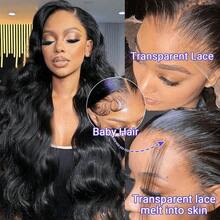 13x4 Lace Front Body Wave Human Blended Hair Wig, Women's, Pre-Plucked, Remy Brazilian High Definition Transparent Lace Front Wig, 200% Density, Long Real Lace Wig, Natural Black - Natural & Black - View 8