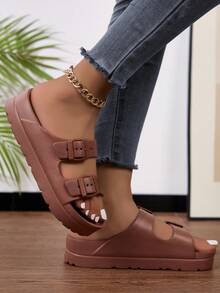 New Fashion Women's Thick Sole Platform One-Piece Molded Slippers, Soft Comfortable Home Shoes, Suitable For Students, Double Buckle Adjustable Strap, Outdoor Wear, Commute, Travel, Beach, Shopping, Walking, Shock-Absorbing - Brown - View 7