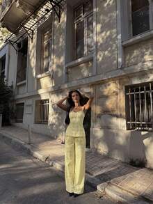 Conjunto de 2 piezas de moda casual elegante para mujer - Blusa con cuello de corazón y parches de encaje bicolor a cuadros, camiseta ajustada con pliegues en la espalda, bolsillos laterales, pantalones anchos con pliegues, adecuado para ir a la oficina, vacaciones, uso diario en verano - Amarillo claro - Ver 4