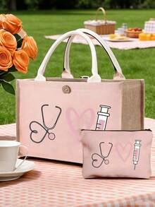 Túi xách chủ đề y tá và túi đựng mỹ phẩm cùng kiểu - Túi xách tay cỡ lớn bằng vải canvas màu hồng, phối vải lanh, in hình ống nghe, trái tim, kim tiêm, nhiệt kế - Bền chắc và nhẹ, đồ dùng thiết yếu hàng ngày cho y tá, túi đựng đa năng, túi đựng đồ vệ sinh cá nhân, ví, túi cầm tay, thích hợp cho đi làm, du lịch, mua sắm, dã ngoại, quà tặng Ngày của Mẹ, Ngày Quốc khánh. - Nhiều màu - Xem 2