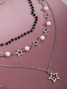 Bộ 3 dây chuyền đính hạt hình ngôi sao màu hồng thời trang, dây chuyền choker mặt dây chuyền hình ngôi sao năm cánh kiểu cổ điển dành cho nữ. - Hồng - Xem 5