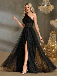 BluePlum Women's Asymmetric One Shoulder Mesh Formal Evening Gown (Heavily Embellished) Wedding Black Spring Party - Black - View 6