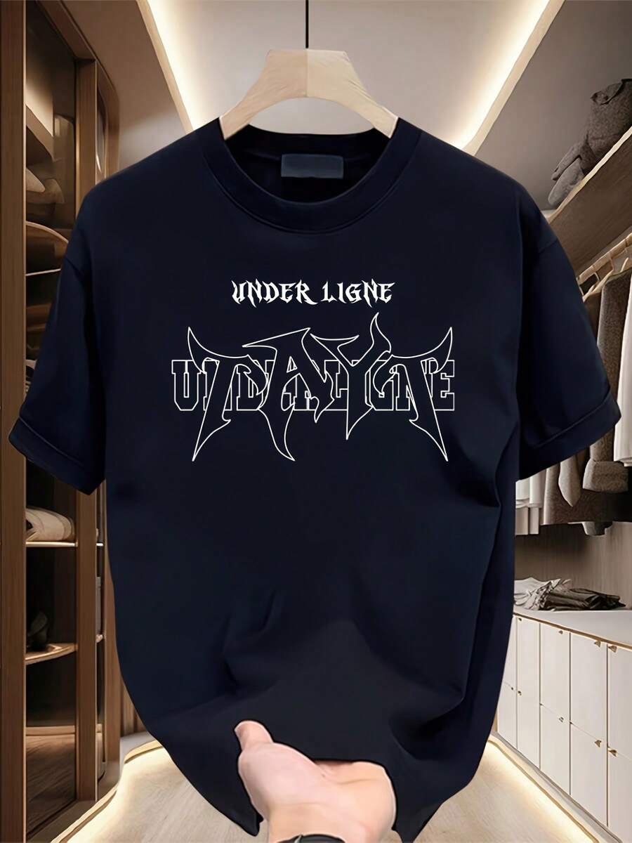 Camiseta de manga corta estampada de marca de moda, 100% algodón pesado, para hombre, novedad de verano, talla grande, versátil y casual. - Negro - Ver 1