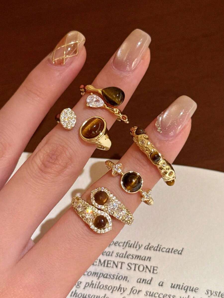 5件時尚幾何水滴裝飾開口戒指，適合日常配戴，送禮佳品 - A style-5pcs - 查看 1