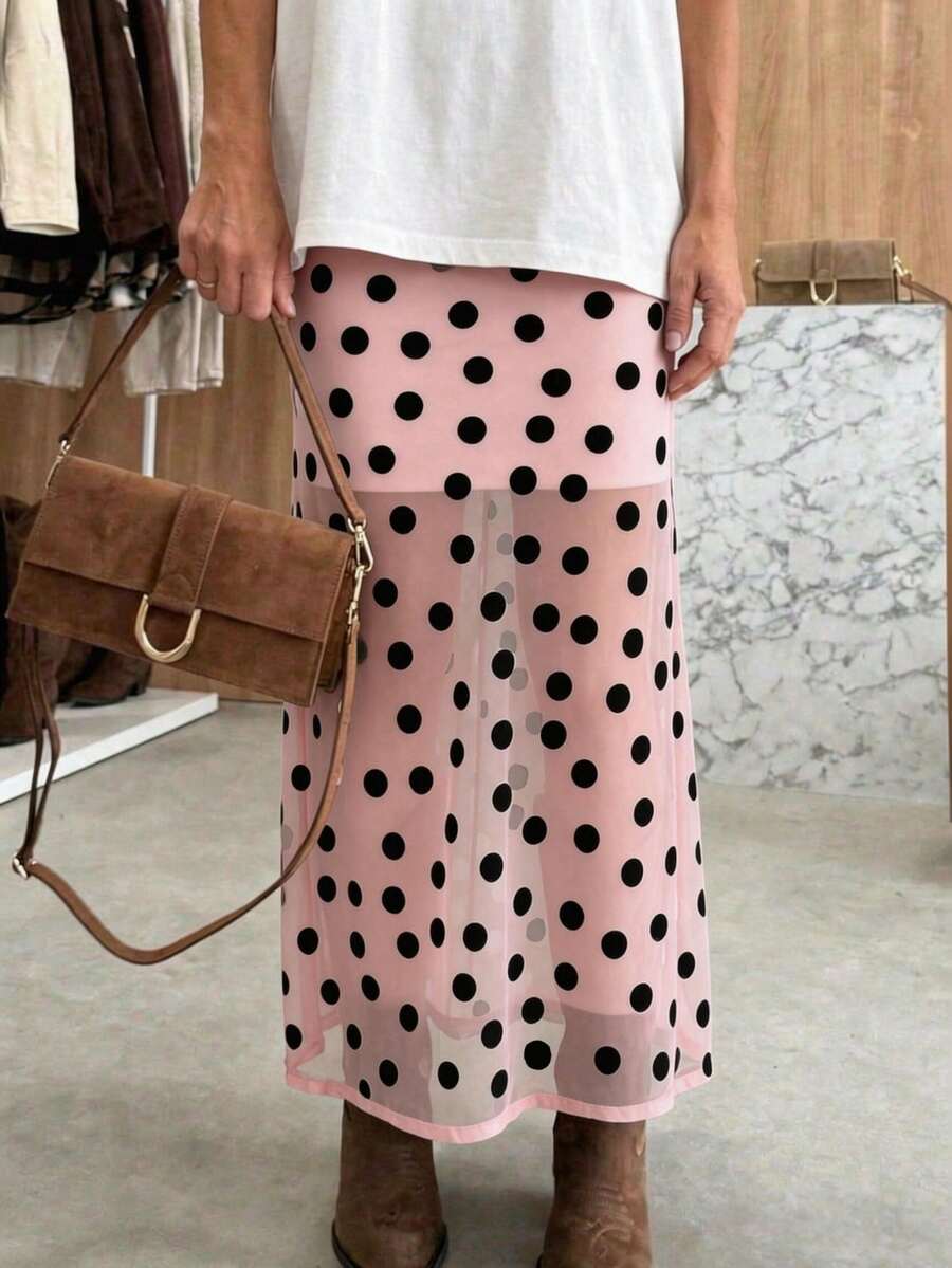 波點滿版印花休閒優雅度假風春夏女款長版A字波點裙,聚酯纖維面料,中度彈性粉紅色 - 粉色 - 查看 1