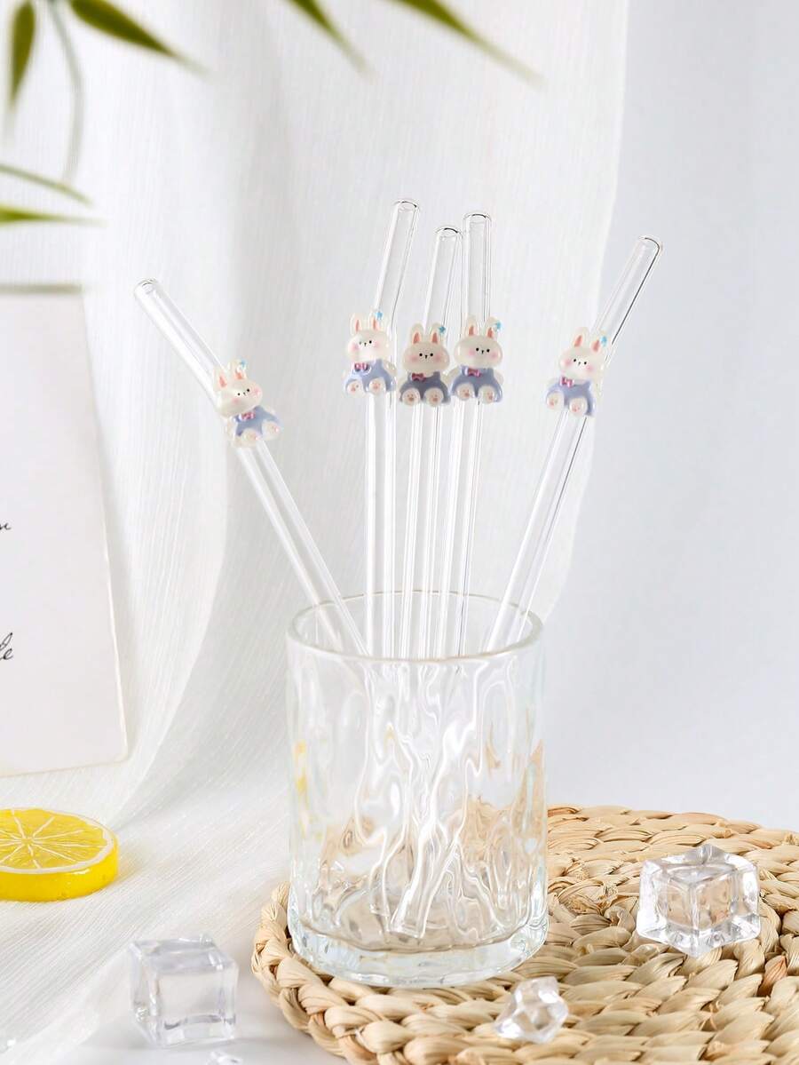 1/4Pcs Cute Rabbit Shaped Glass Straws Reusable Bend Clear Straw With Bow Decor, For Smoothie Milk Tea Juice Cold Drinks, Decor For Pool Wedding Graduation Beach Party, Easy To Clean, Romantic Gift For Valentine Mother Father Christmas Birthday