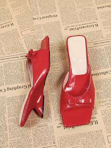 Fashionable Square Toe Bow Tie Women's High Heel Sandals, Summer Versatile Slip-On Mule Pumps - Red - View 6