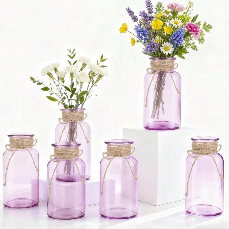 Vintage Glass Flower Vase, Farmhouse Glass Centerpiece Vases Mason Jars For Weddings, Parties & Home Decor Bulk (12, Transparent) Bud Vases For Flowers For Rustic Wedding KDW8 - Purple - 查看 1