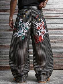 Japanese-Style Men's Baggy Wide-Leg Jeans With 3D Koi Embroidery - Multi-Color,Goth Denim Men Black & White Striped, Versatile Casual Pants (Belt & Accessories Not Included) - Black - View 2