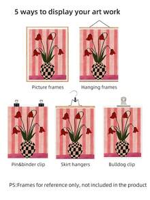 1pc Frameless Tulip In Checkered Vase Berry Pink Maximalist Modern Floral Art Canvas Poster Print For Living Room, Bedroom, Dorm Room Decor - Tulip - View 8