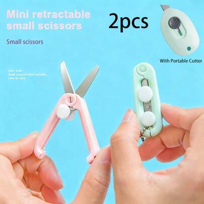 2pcs Portable Mini Scissors, With Retractable Utility Knife, Morandi Color, Delicate Green, Suitable For Office, Handmade, Craftsmanship For Daily Use, Can Be Used As Keychain, Tool Knife