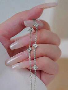 Elegant Four-Leaf Clover Necklace, Chic And Graceful Style, High-Quality Chain, Long Design, Graceful Tassel Necklace, Suitable For Women, Valentine's Day, Mother's Day Gift - Bạc Trắng Zirconium Năm bông hoa - Xem 5